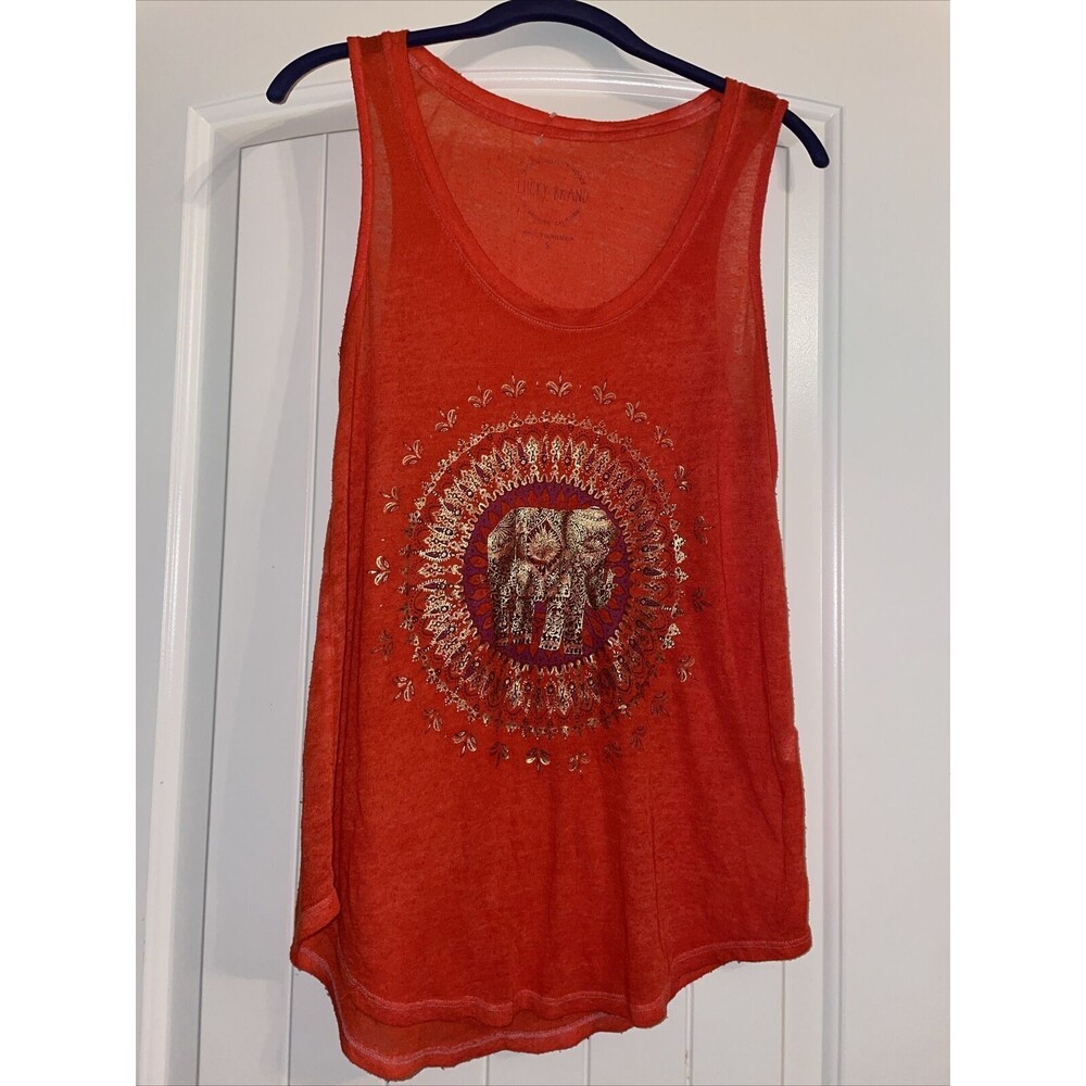 Lucky Brand Orange Ganesha Elephant Tank Top distressed boho gold baggy small